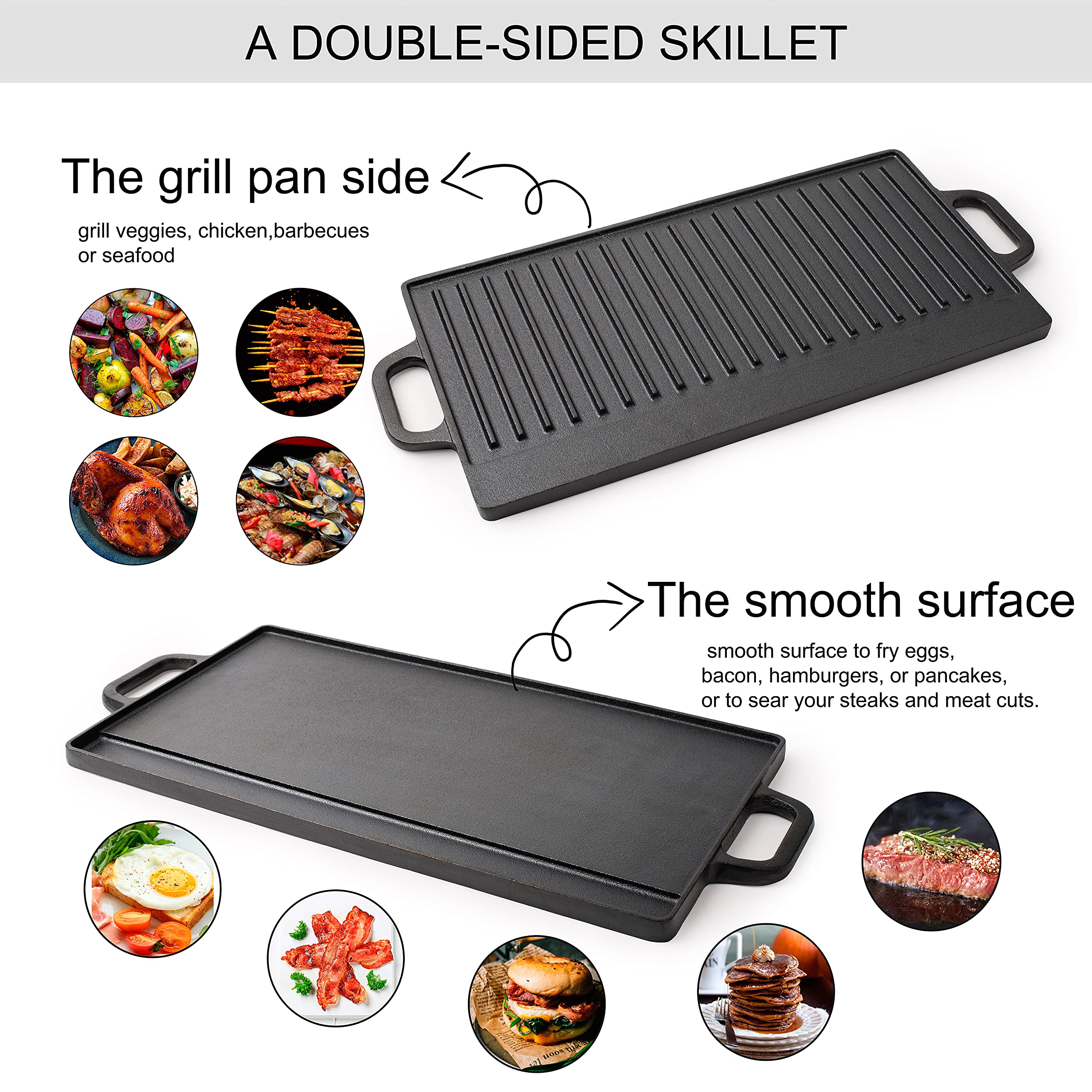 Max K 2-in-1 Cast Iron Grill & Griddle - Pre-Seasoned Reversible Grilling Plate - Oven, Campfire, Double Burner Stove Top Skillet - With Handles, Grease Reservoir - 20"x9" Inch
