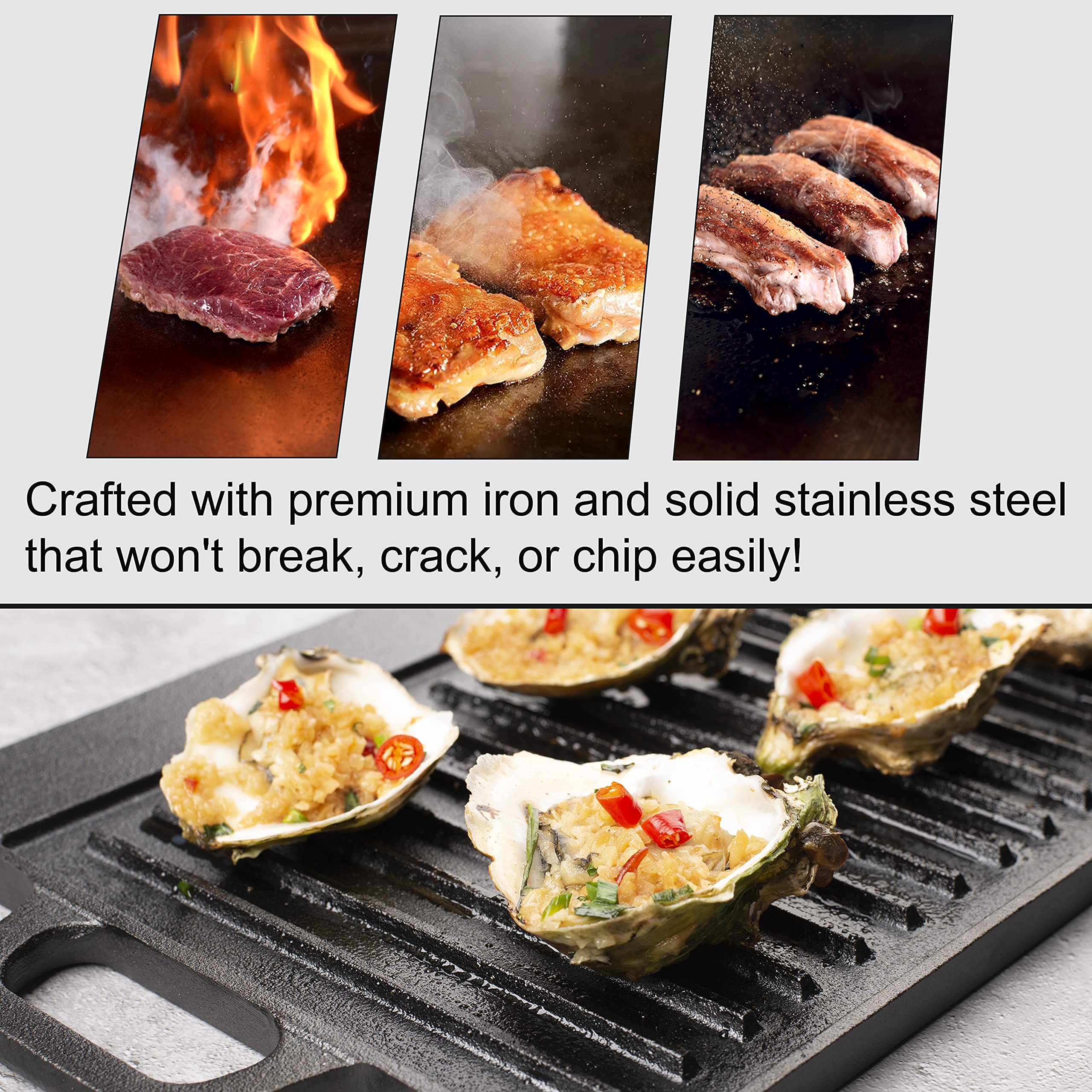 Max K 2-in-1 Cast Iron Grill & Griddle - Pre-Seasoned Reversible Grilling Plate - Oven, Campfire, Double Burner Stove Top Skillet - With Handles, Grease Reservoir - 20"x9" Inch