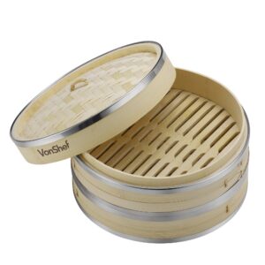 VonShef Premium 2 Tier Bamboo Steamer with Stainless Steel Banding Includes 2 Pairs of Chopsticks and 50 Wax Steamer Liners, Perfect For Steaming Dim Sum Dumplings Buns Vegetables Fish Rice, 10 Inches