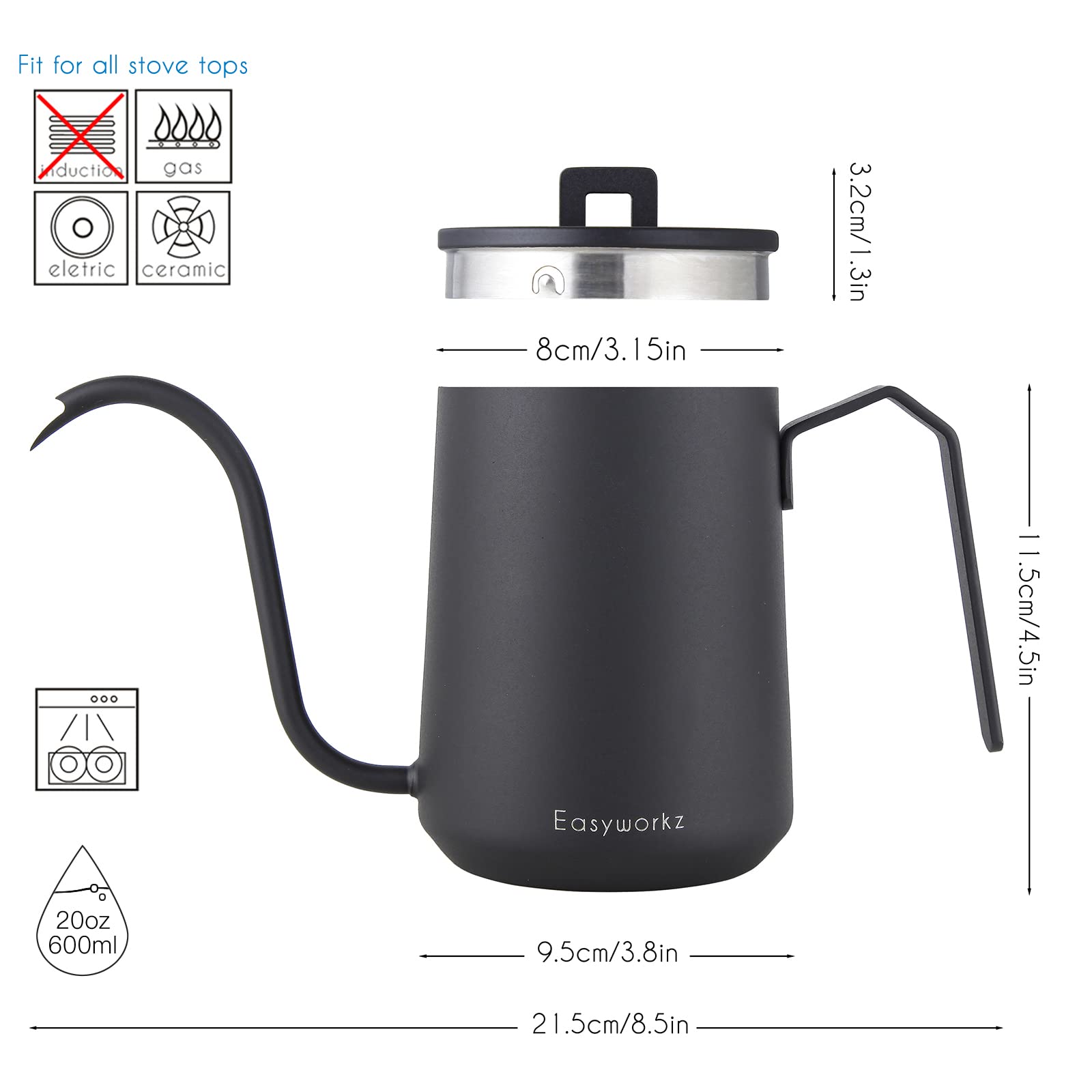 Easyworkz Gooseneck Pour Over Coffee Kettle 20 oz Stainless Steel Hand Drip Coffee Pot With Long Narrow Spout, Matte Black