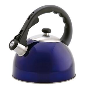 creative home satin splendor stainless steel whistling tea kettle with aluminum capsulated bottom for even heat distribution, 2.8 quart, metallic blue