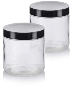 16 oz / 480 ml large clear thick glass straight sided jar with black foam lined lid (2 pack)
