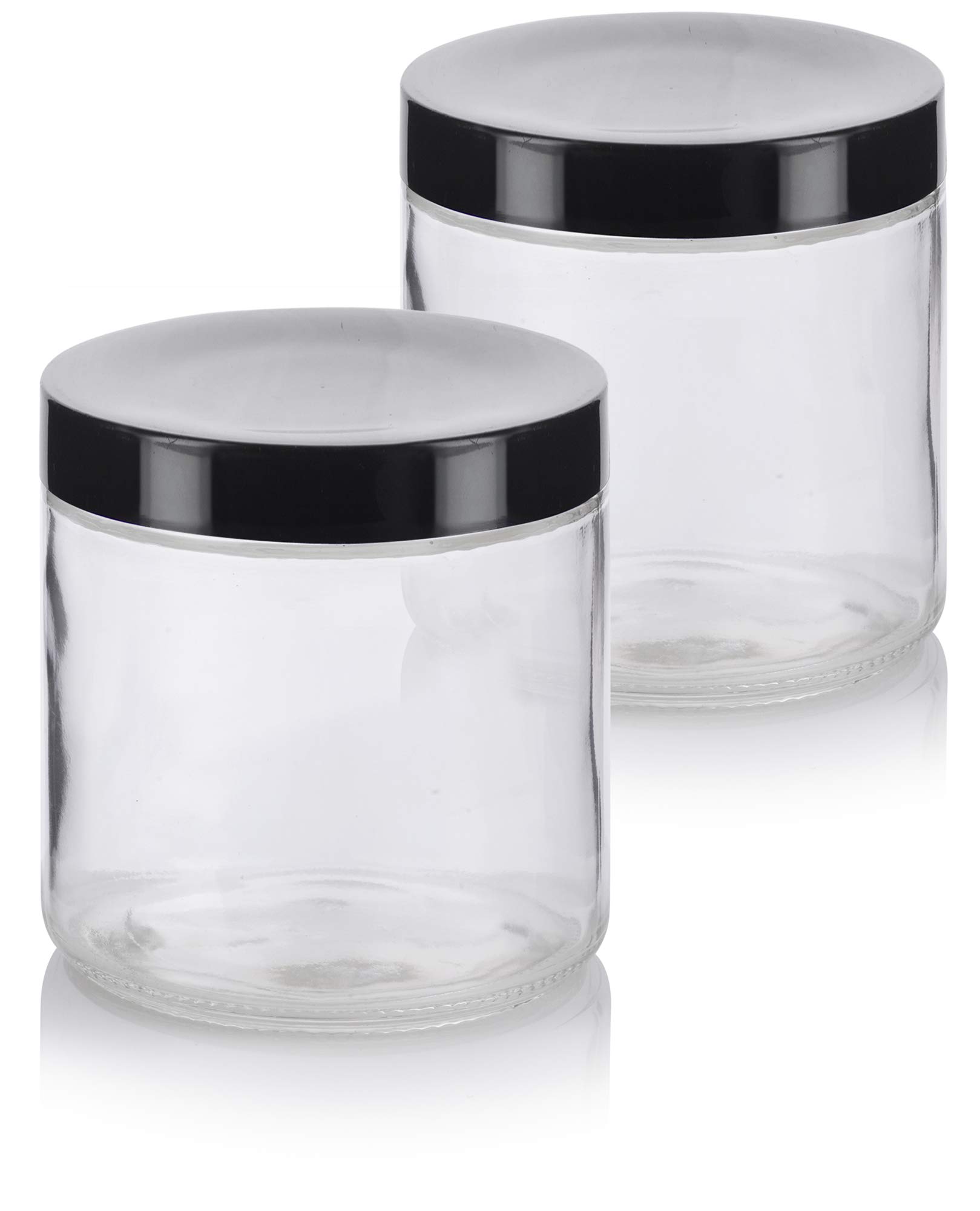 16 oz / 480 ml Large Clear Thick Glass Straight Sided Jar with Black Foam Lined Lid (2 pack)