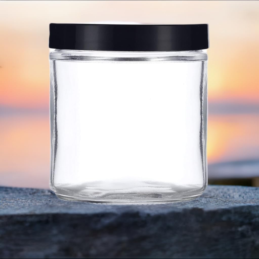 16 oz / 480 ml Large Clear Thick Glass Straight Sided Jar with Black Foam Lined Lid (2 pack)