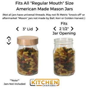 Wooden Mason Jar Lids - 4 Mason Jar Lids Regular Mouth (Rubberwood) - Custom Molded Screw Top Mason Jar Lid Set Compatible Storage Lids for Kerr and Ball Jar Lids by Kitchen Charisma