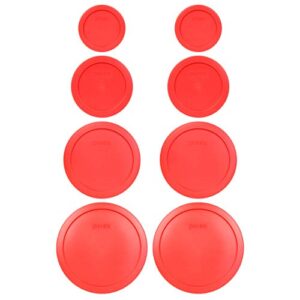 pyrex (2) 7202-pc 1 cup, (2) 7200-pc 2 cup, (2) 7201-pc 4 cup, (2) 7402-pc 6/7 cup red round plastic food storage lids, made in usa