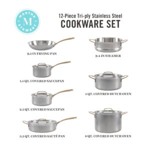 MARTHA STEWART Vintage 18/8 Triply Stainless Steel 12 Piece Cookware Set w/Gold Handles