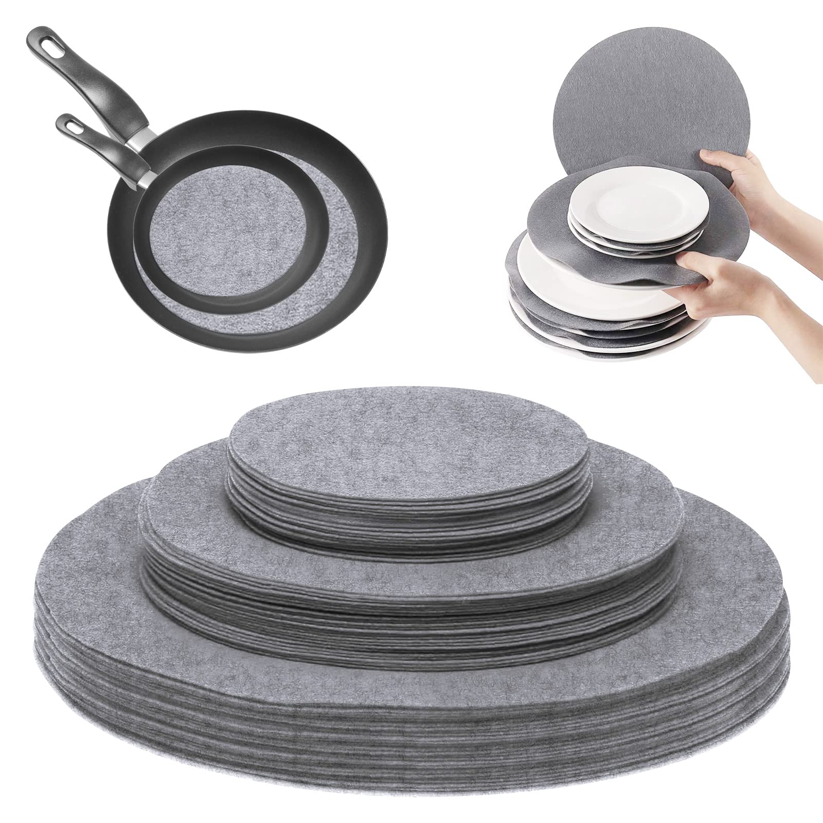 LITLANDSTAR Thick Felt Plate Dividers, 72 Pack Felt Plate China Storage Dividers Protectors Round Plate Separators Pads with 3 Sizes, Dish Storage Protectors Pads for Packing Stacking Cookware (Gray)