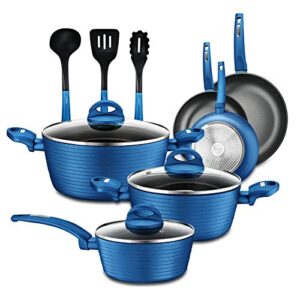 nutrichef 12-pc blue nonstick cookware set - professional pots & pans with durable coating, all cooktops compatible, including induction