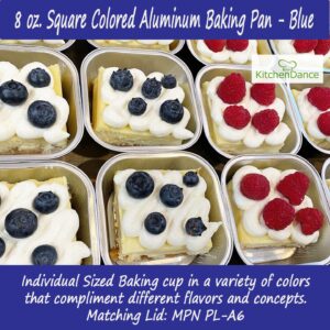 KitchenDance Disposable Dessert Pan Set with Lids - 4x4" Square Cake Baking Pan for Hotels, Restaurants, Heavy Duty Aluminum Foil for Baking, Storing, Preparing Food #ALU6P (100, Blue)