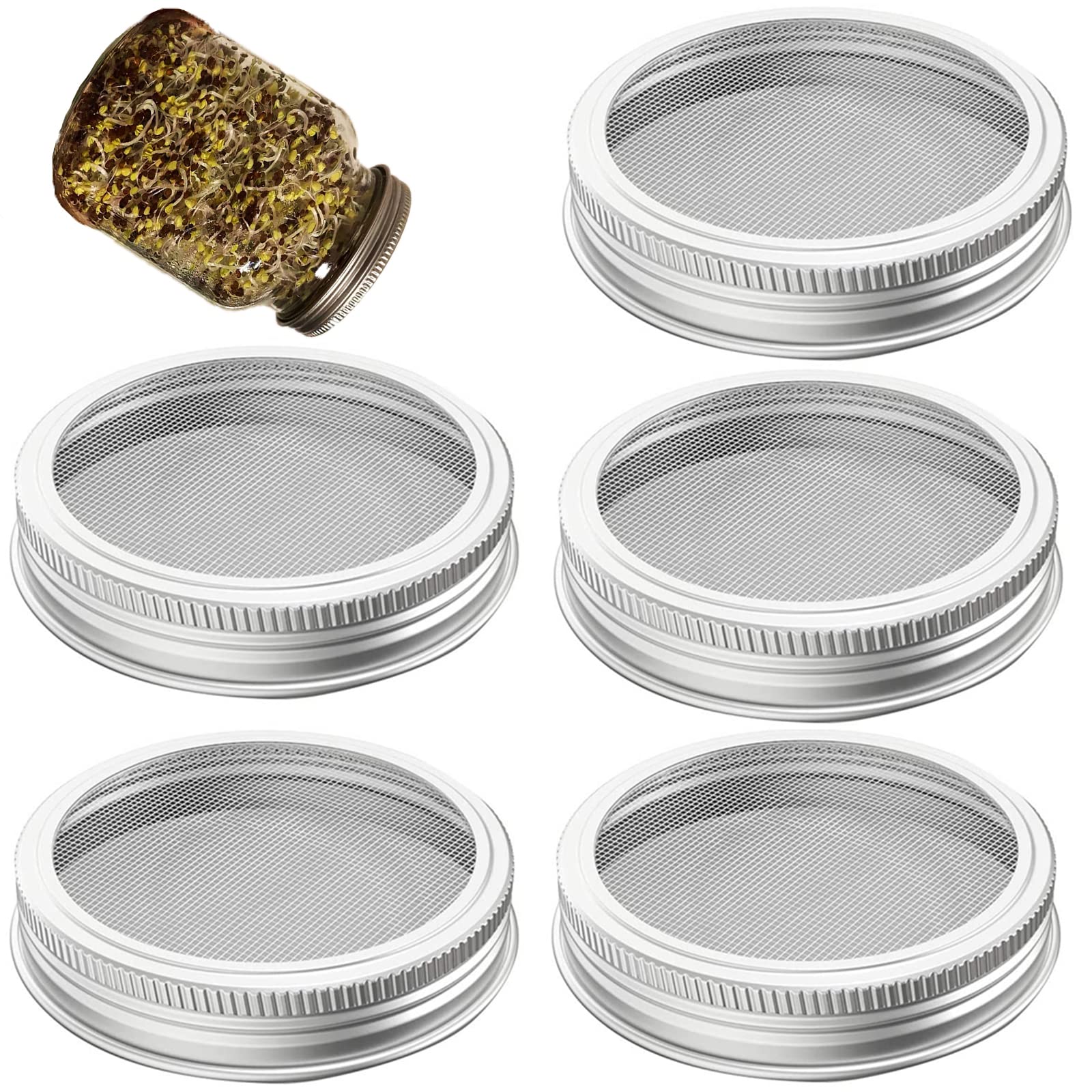 5 Pack 316 Stainless Steel One-Piece Mesh Strainer Lids for 3.38 Inch Wide Mouth Mason Jar,Sprouting Lids, NO RUST,Bean Sprout Sieve Lids,NO JAR QurHapzy