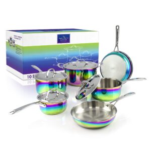 the magical kitchen collection - iridescent rainbow cookware set - premium heavy duty stainless steel and titanium pots & pans set - rust proof, induction stove & oven-safe (10 piece)