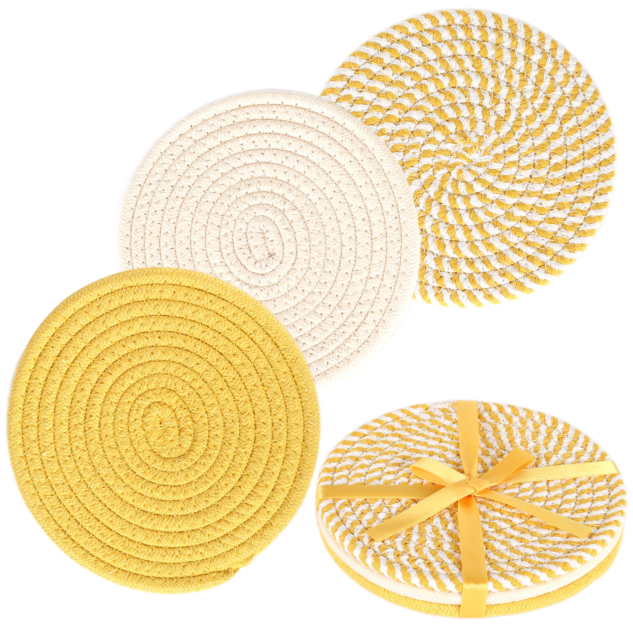 KAKAMAY Pot Holders for Kitchen Trivet Set 100% Cotton Thread Weave(Set of 3),Hot Pads for Kitchen Trivets for Hot Dishes Hot Pots and Pans by Diameter 7 Inch Yellow