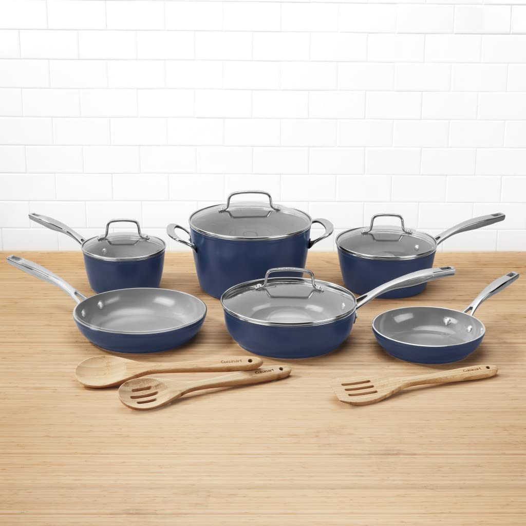 13 Piece Nonstick Cookware Set by Cuisinart, GreenChef Ceramica XT, Blue, 53G-13NV