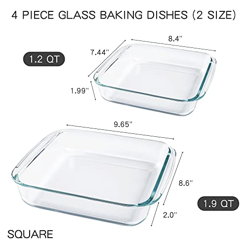 Glass Casserole Dish Set of 4, 8x8 Square Baking Dishes for Oven Cooking, Dishwasher Freezer Safe Borosilicate Glass Bakeware Set (1.9QT, 1.2QT)