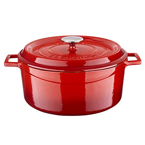 LAVA 10 Quarts Cast Iron Dutch Oven: Multipurpose Stylish Round Shape Dutch Oven Pot with Glossy Sand-Colored Three Layers of Enamel Coated Interior with Trendy Lid (Red)