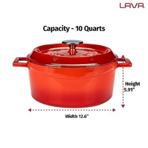 LAVA 10 Quarts Cast Iron Dutch Oven: Multipurpose Stylish Round Shape Dutch Oven Pot with Glossy Sand-Colored Three Layers of Enamel Coated Interior with Trendy Lid (Red)