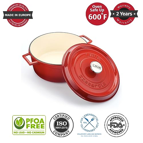 LAVA 10 Quarts Cast Iron Dutch Oven: Multipurpose Stylish Round Shape Dutch Oven Pot with Glossy Sand-Colored Three Layers of Enamel Coated Interior with Trendy Lid (Red)