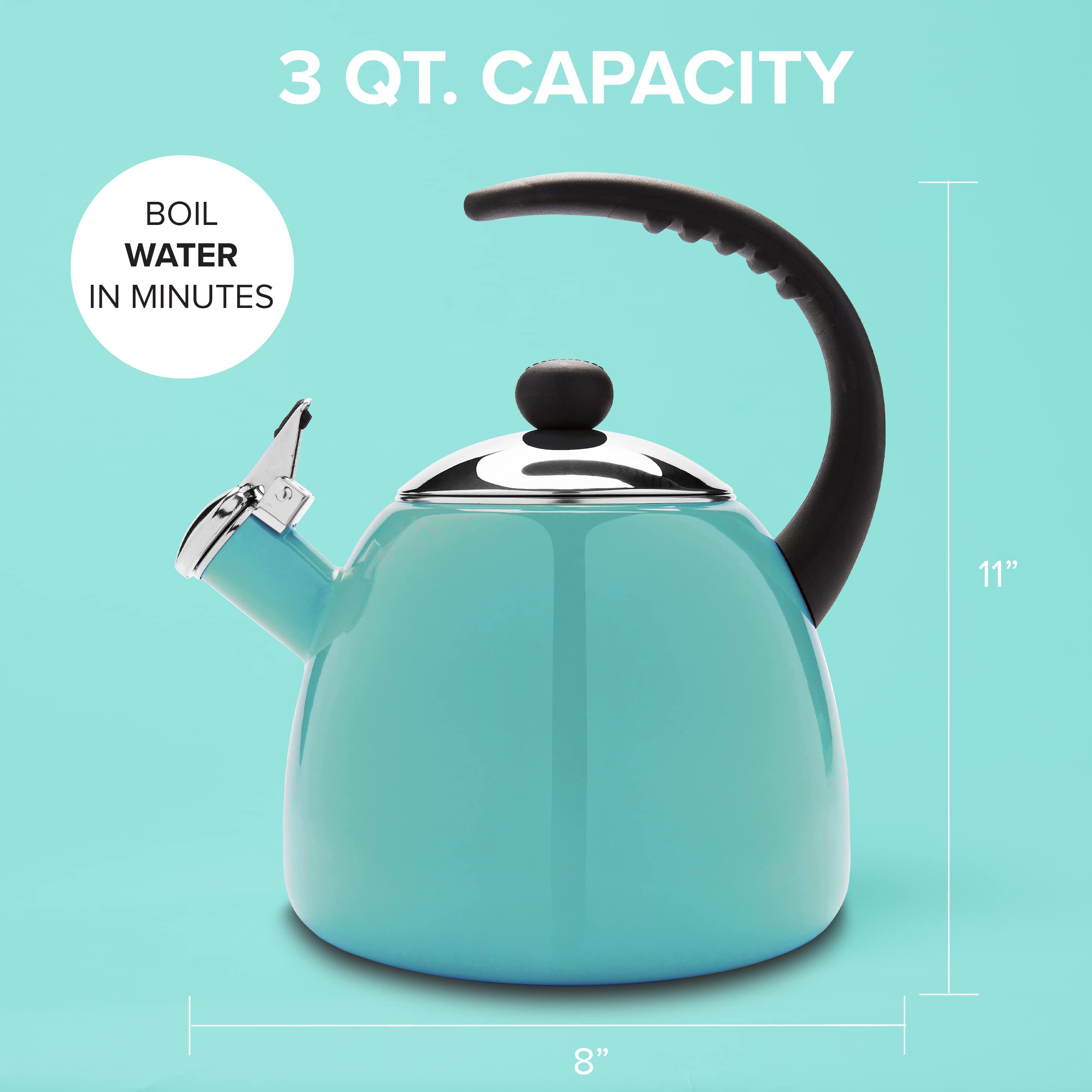 Farberware Dome Tea Kettle, Whistling Teapot, Stovetops Friendly, Porcelain Enamel on Carbon Steel, BPA-Free, Rust-Proof, Cool Handle, 3 qt, 12 Cup Capacity, Aqua