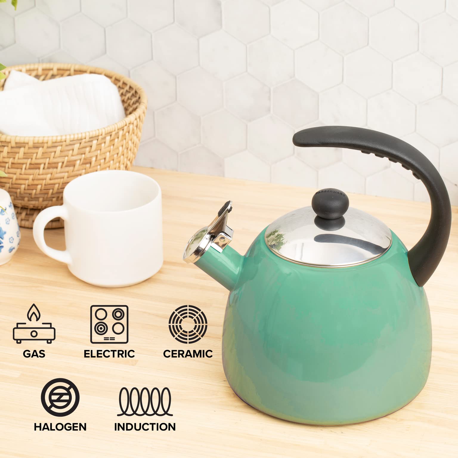 Farberware Dome Tea Kettle, Whistling Teapot, Stovetops Friendly, Porcelain Enamel on Carbon Steel, BPA-Free, Rust-Proof, Cool Handle, 3 qt, 12 Cup Capacity, Aqua