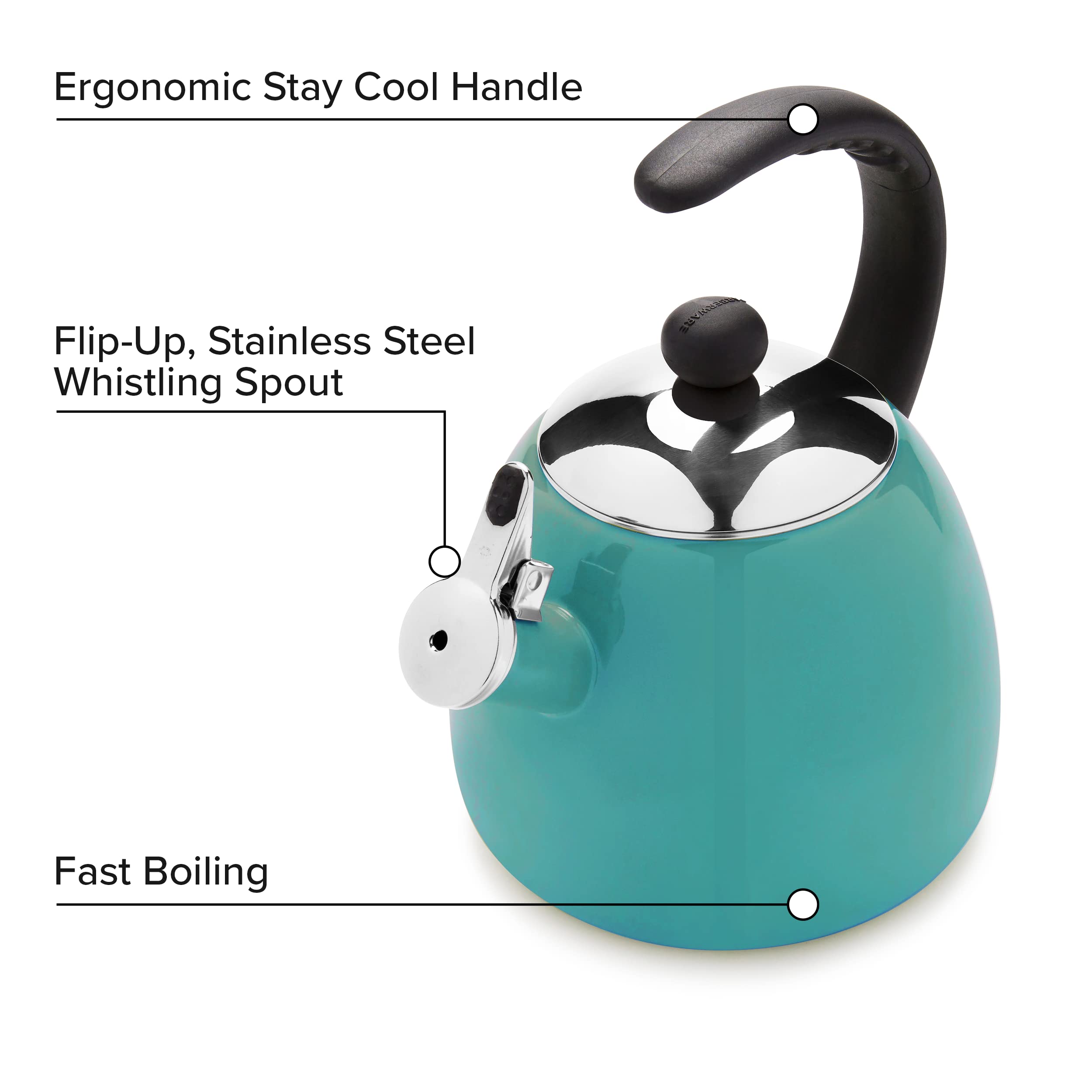 Farberware Dome Tea Kettle, Whistling Teapot, Stovetops Friendly, Porcelain Enamel on Carbon Steel, BPA-Free, Rust-Proof, Cool Handle, 3 qt, 12 Cup Capacity, Aqua