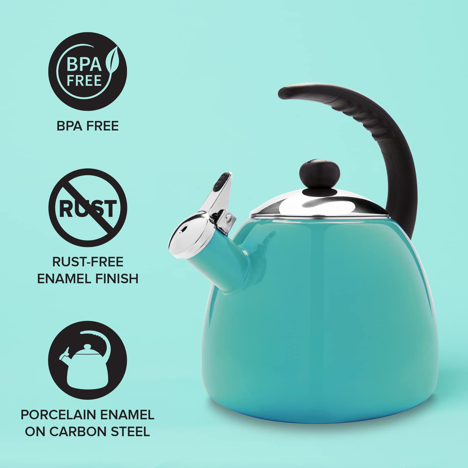 Farberware Dome Tea Kettle, Whistling Teapot, Stovetops Friendly, Porcelain Enamel on Carbon Steel, BPA-Free, Rust-Proof, Cool Handle, 3 qt, 12 Cup Capacity, Aqua