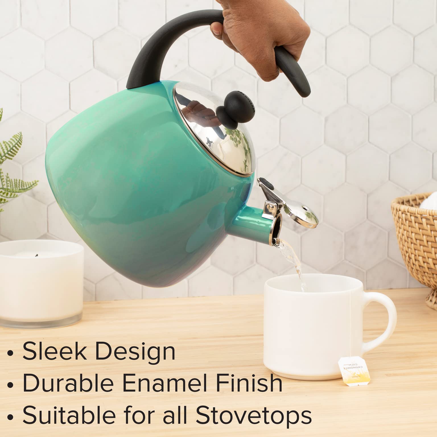 Farberware Dome Tea Kettle, Whistling Teapot, Stovetops Friendly, Porcelain Enamel on Carbon Steel, BPA-Free, Rust-Proof, Cool Handle, 3 qt, 12 Cup Capacity, Aqua