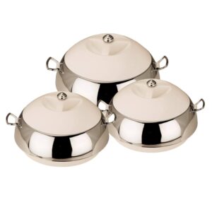 king international stainless steel casserole dish with lid set of 3, eena meena deeka ultra set insulated casserole, hot pot, chapati box, chapati container, 0.8 qt, 1 qt, 1.5 qt