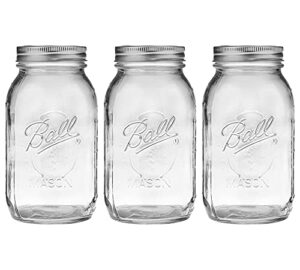 regular mouth mason jars 32 oz - (3 pack) - ball regular mouth quart 32-ounces mason jars with airtight lids and bands - for canning, fermenting, pickling, storage - microwave & dishwasher safe