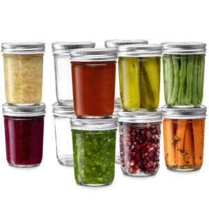 glass regular mouth mason jars, (12 pack) glass jars with silver metal airtight 1 piece lids for meal prep, food storage, canning, drinking, overnight oats, jelly, dry food, salads, yogurt (8 ounce)