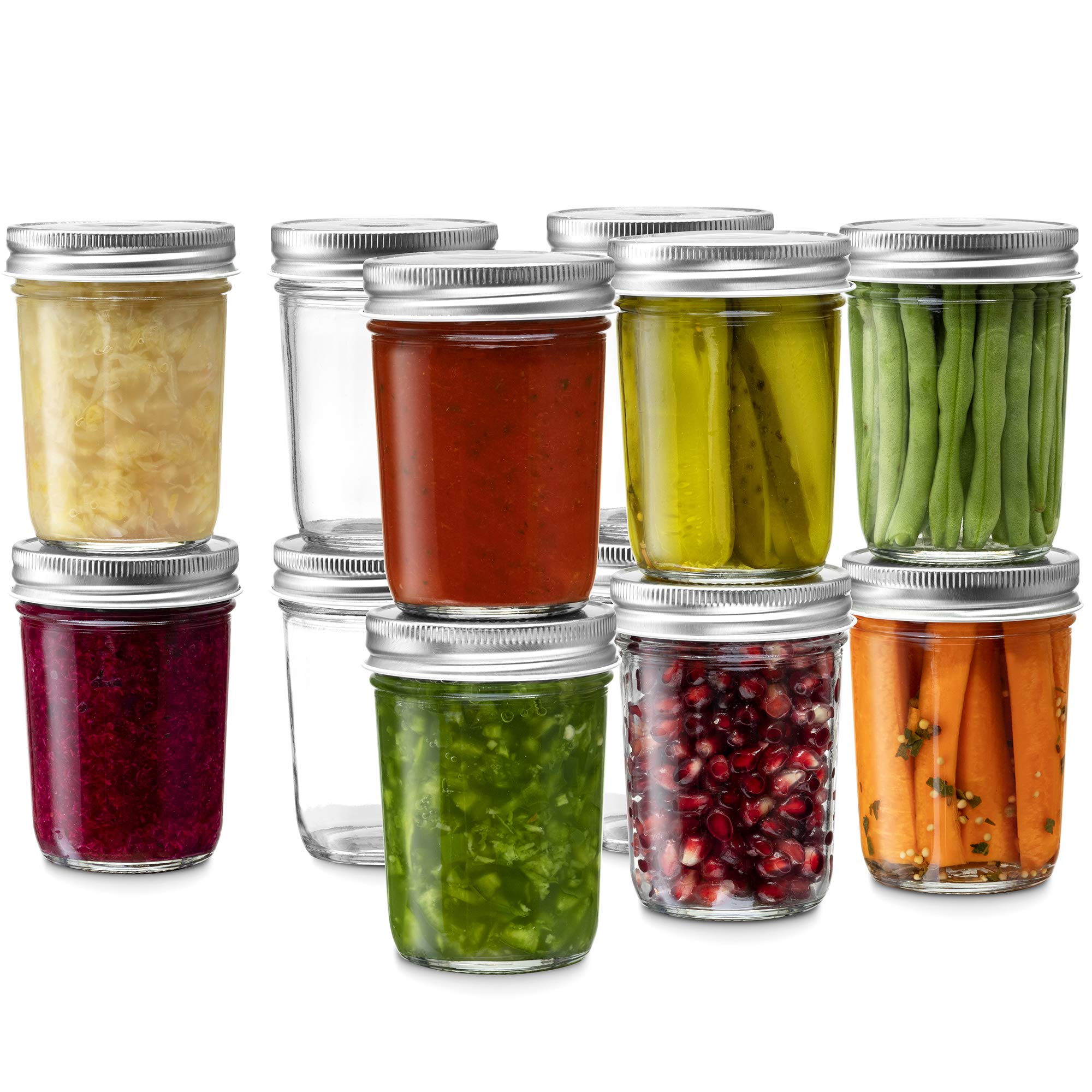 Glass Regular Mouth Mason Jars, (12 Pack) Glass Jars with Silver Metal Airtight 1 Piece Lids for Meal Prep, Food Storage, Canning, Drinking, Overnight Oats, Jelly, Dry Food, Salads, Yogurt (8 Ounce)