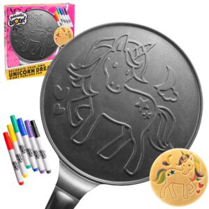 cucinapro large 10" unicorn pancake pan - nonstick skillet with set of 6 edible food markers for decorating pancakes, aluminum, electric and gas stovetop compatible
