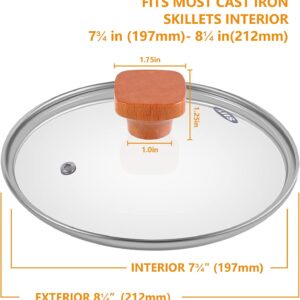 Universal Tempered Glass Lid ,saucepan Frying Pan Skillet Slow Cooker Pressure Cooker Cover,Replacement for Pan pot lids , Square Wood Lid Knob, Transparent glass for clear viewing,8.0"/20cm