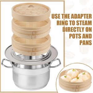 2 Tier Bamboo Steamer Basket Set Including Stainless Steel Steamer Ring Dumpling Maker Mold and Cutter Meat Spoon 2 Pairs Bamboo Chopsticks 2 Pcs Sauce Dish 50 Pcs Paper Liners for Kitchen (10 Inch)