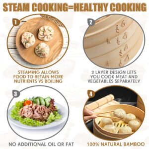 2 Tier Bamboo Steamer Basket Set Including Stainless Steel Steamer Ring Dumpling Maker Mold and Cutter Meat Spoon 2 Pairs Bamboo Chopsticks 2 Pcs Sauce Dish 50 Pcs Paper Liners for Kitchen (10 Inch)