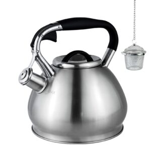 whistling tea kettles stovetop with boils faster bottom,surgical brushed stainless steel finish whistling teapot, 3 quart,1yr warranty, 1 tea maker infuser included by kmatee
