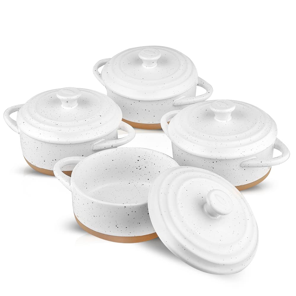 HVH 12 oz Ramekins with Lids, Mini Casserole Dish with Lid Oven Safe, Small Casserole Dish Set, Oven Safe Bowls, Mini Baking Dishes for Oven with Lids, Farmhouse Style (White)