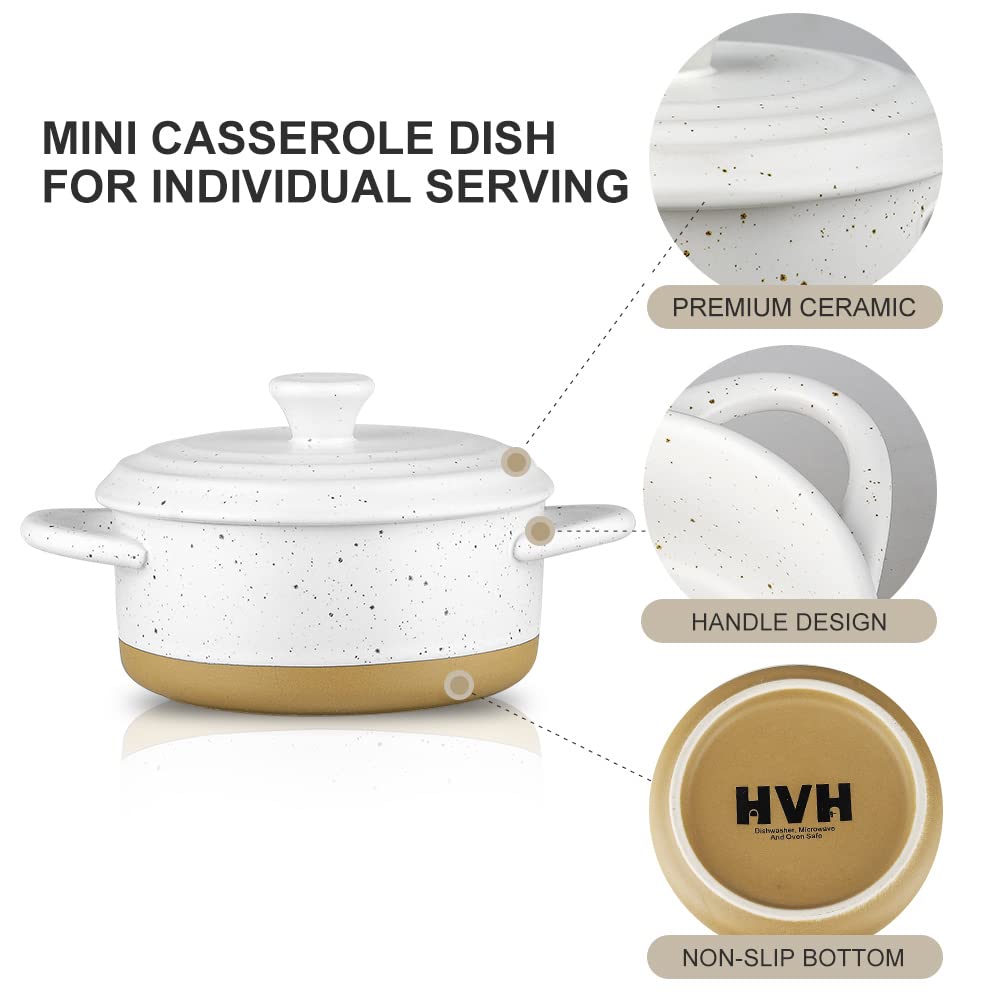 HVH 12 oz Ramekins with Lids, Mini Casserole Dish with Lid Oven Safe, Small Casserole Dish Set, Oven Safe Bowls, Mini Baking Dishes for Oven with Lids, Farmhouse Style (White)