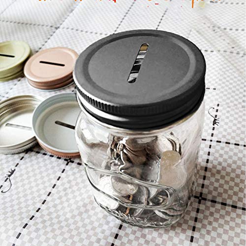 VEIREN 10 Pieces Coin Slot Lids mason-jar Coin Slot Piggy Bank Lid Stainless Steel Metal Cap Cover for Regular Mouth MASON JAR Storage Ball Canning Jars Slotted Insert Caps for Kids Adult(70mm, Black)
