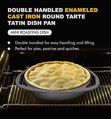 Bruntmor Double Handled non-Stick Enameled Black Cast Iron Round Tarte Tatin Dish Pan Mini Roasting Dish, Baking Pie Pan, Pastries & Quiches, Hand washing, Easy to clean