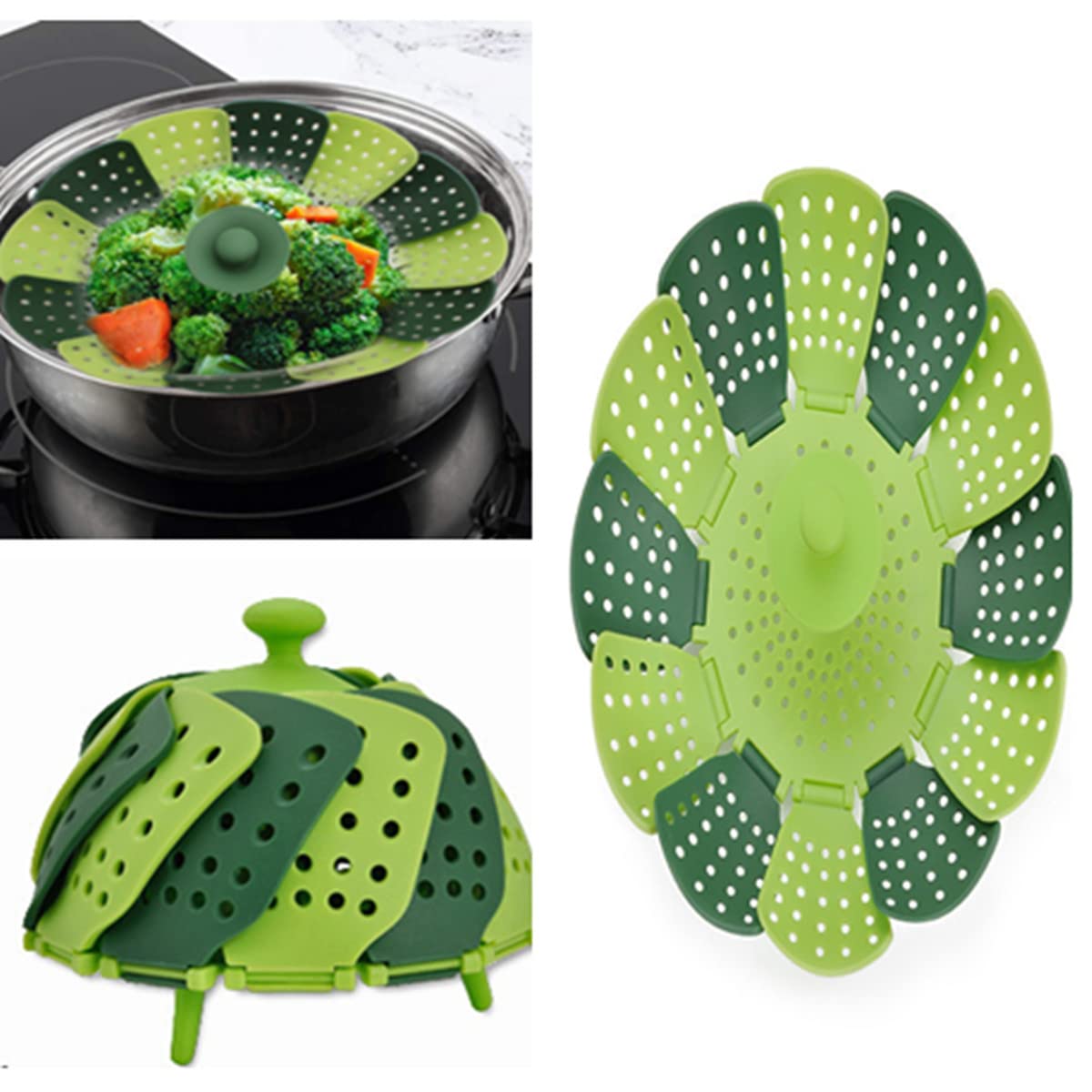 RUITASA Steamer Basket Folding, Folding Silicone Steamer Basket, Folding Steamer, Leisure Lotus Steamer Basket for Steaming Food and Vegetable Folding Non-Scratch BPA-Free(Green)