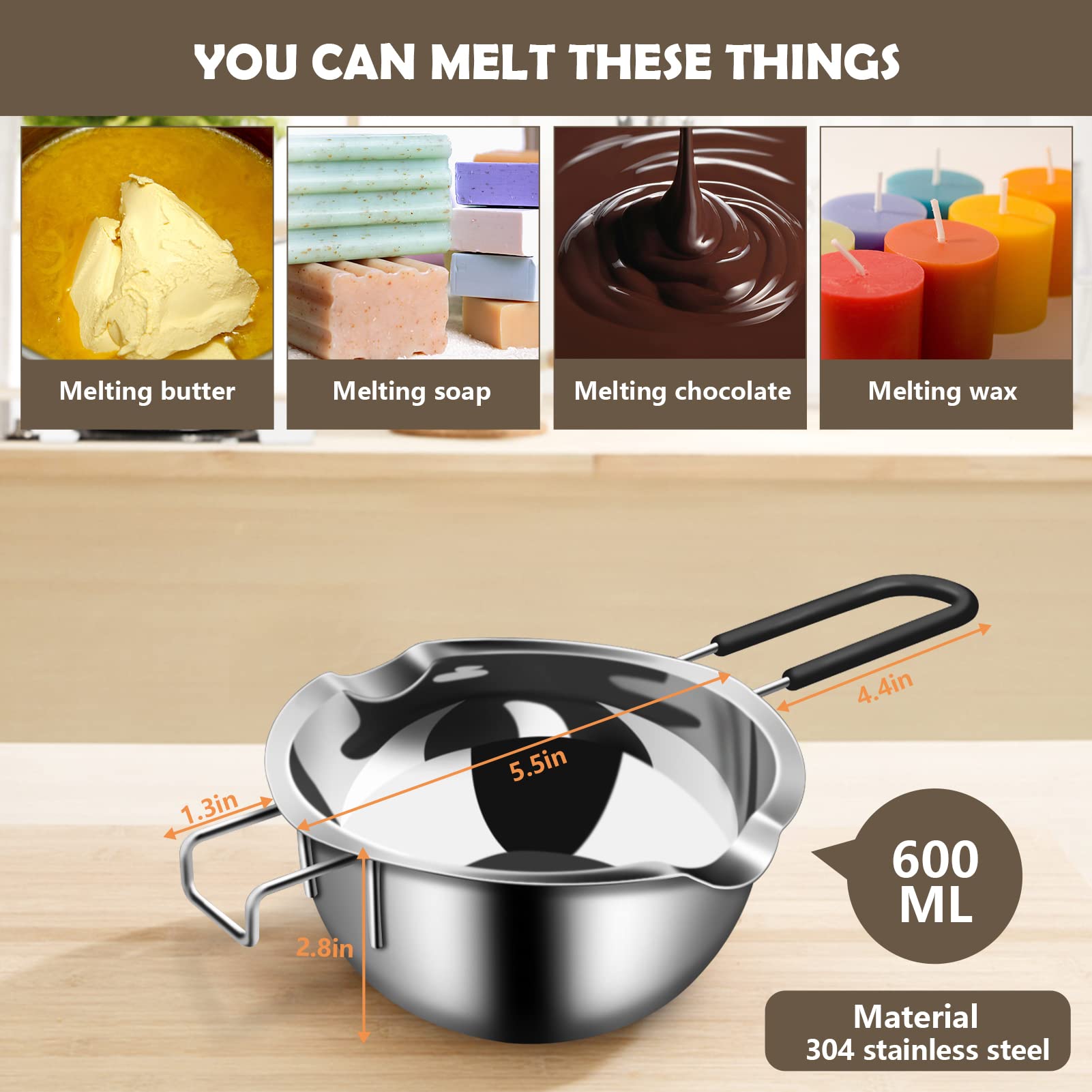 Artcome 5pcs Double Boiler Melting Pot Set - 600ML/0.6QT Chocolate Melting Pot, 1600ML/1.7QT Stainless Steel Pot, Decorating Spoons, Silicone Spatula and Dipping Tool for Melting Chocolate, Candy, Wax