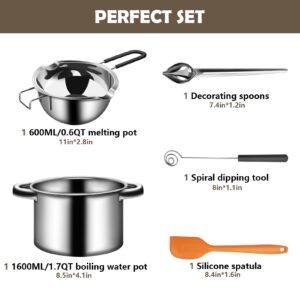 Artcome 5pcs Double Boiler Melting Pot Set - 600ML/0.6QT Chocolate Melting Pot, 1600ML/1.7QT Stainless Steel Pot, Decorating Spoons, Silicone Spatula and Dipping Tool for Melting Chocolate, Candy, Wax