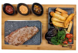 black rock grill steak stone, hot stone grill - sizzling hot rock, indoor grill, cooking stone with matt black ramekins and side plate (one standard set)