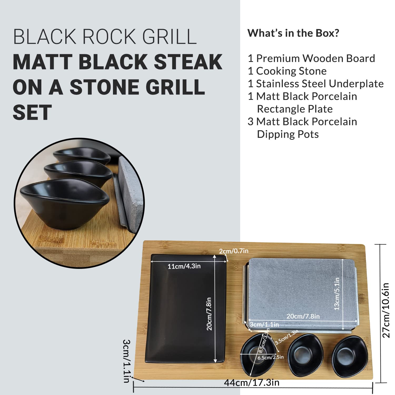 Black Rock Grill Steak Stone, Hot Stone Grill - Sizzling Hot Rock, Indoor Grill, Cooking Stone with Matt Black Ramekins and Side Plate (One Standard Set)