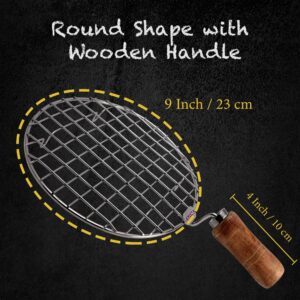 KSJONE Stainless Steel Multi-Functional Wire Steaming Cooling and Baking Barbecue Rack Round Wire Roaster Rack/Papad Jali/Roti Grill Round Shape with Wooden Handle