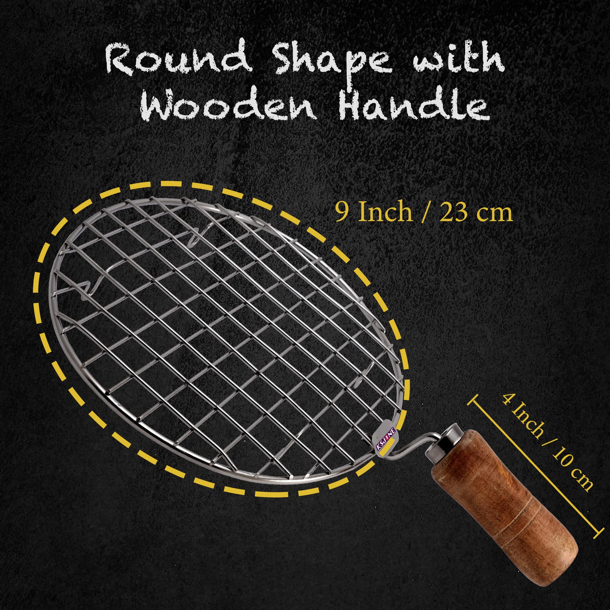 KSJONE Stainless Steel Multi-Functional Wire Steaming Cooling and Baking Barbecue Rack Round Wire Roaster Rack/Papad Jali/Roti Grill Round Shape with Wooden Handle