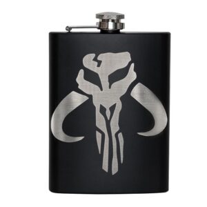 mandalorian emblem engraved 8oz black hip flask | inspired by starwars & mandalorian | great gift idea | personalized