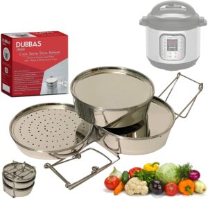 dubbas - premium quality 3 tier stainless steel stacking insert pans/steamer compatible with 6 quart instant pot cooker pip w/lids/plates & trivet/sling to cook, serve, store & reheat