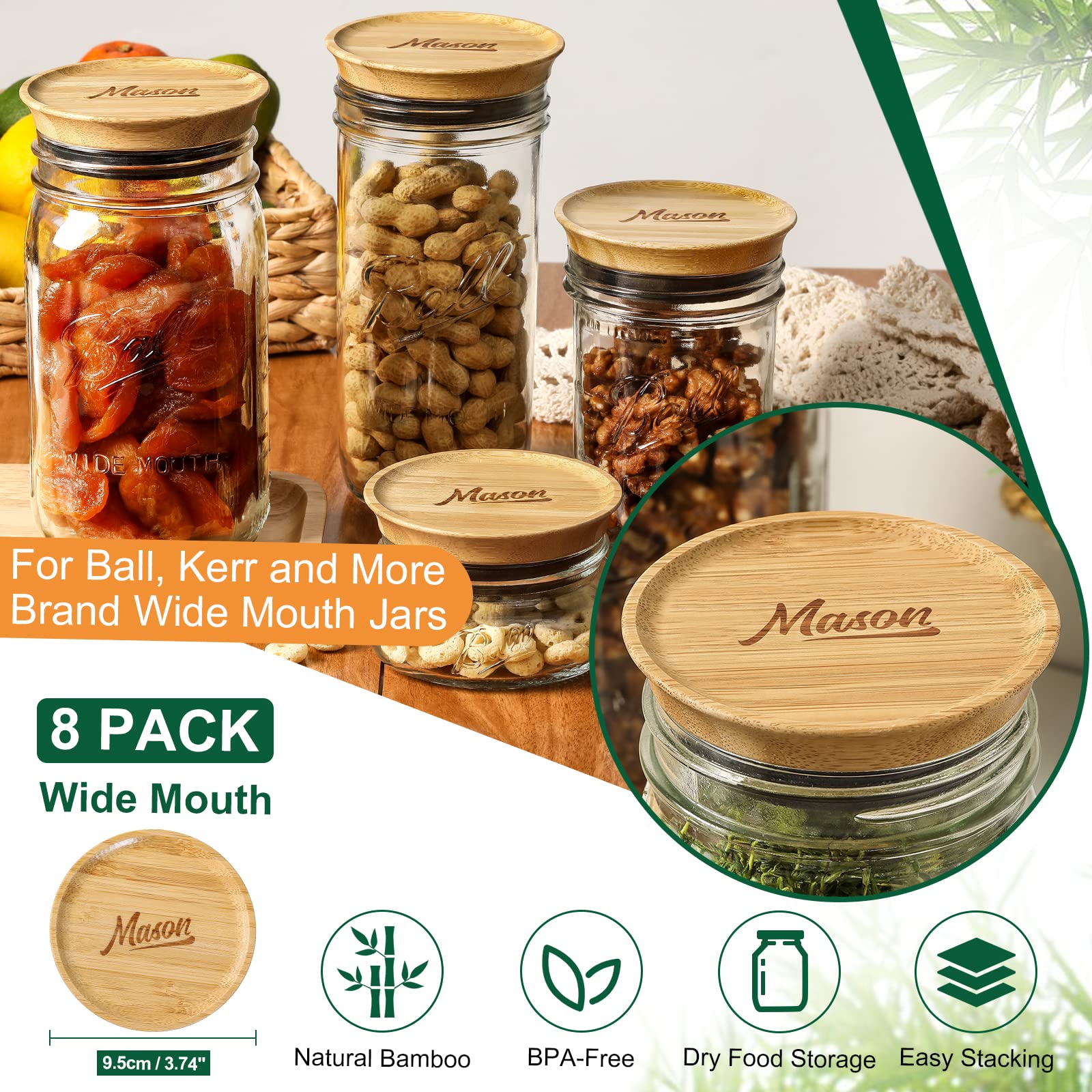 8 Pack Bamboo Mason Jar Lids Wide Mouth, CROWN Shaped Natural Wooden Storage Lids w Silicone Seal - Mason Jar Tops for Ball, Kerr Canning Jars - Kitchen, Pantry Dry Goods Storage - Airtight & BPA Free